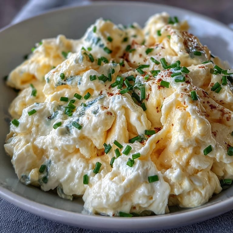Goldbraune Protein-Cottage-Cheese-Rühreier mit frischen Kräutern, bereit zum Genuss.