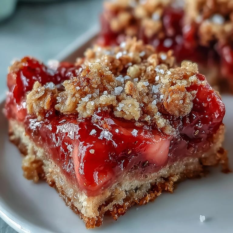 Genieße diese köstlichen Strawberry Rhubarb Crumble Bars, ein perfekter Dessertgenuss.