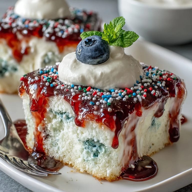 Saftiger Memorial Day Red White Blue Poke Cake, dekoriert mit patriotischen Streuseln und Beeren.