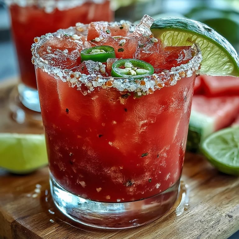 Festlicher, alkoholfreier Wassermelonen Jalapeño Margarita Mocktail, perfekt garniert und servierbereit.