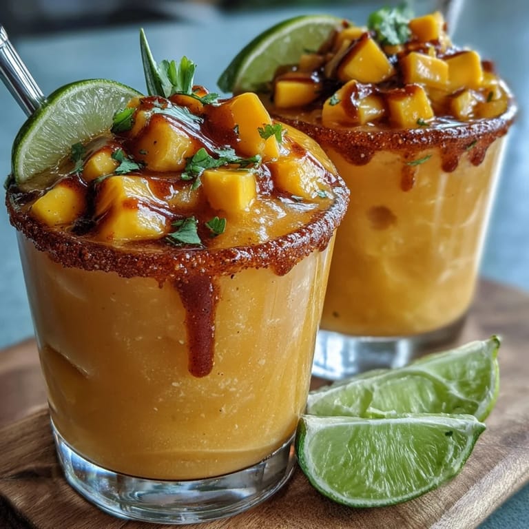 Eisgekühlte erfrischende Cinco de Mayo Mangonada mit Limette und Tajín am Rand.