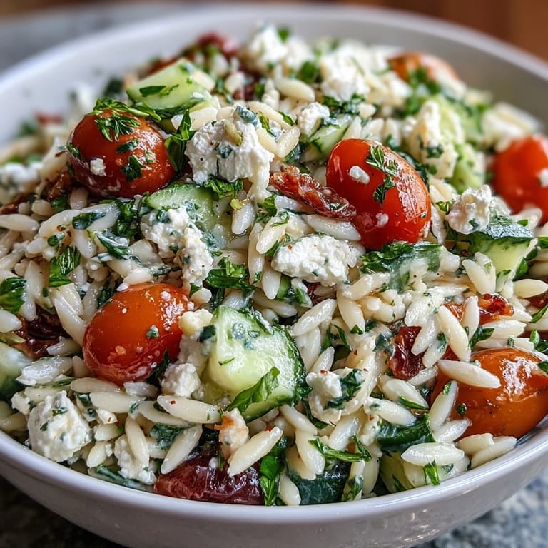 Probieren Sie diesen leichten Summer Orzo Salad mit cremigem Feta und knackigem Gemüse, perfekt für einen heißen Tag.