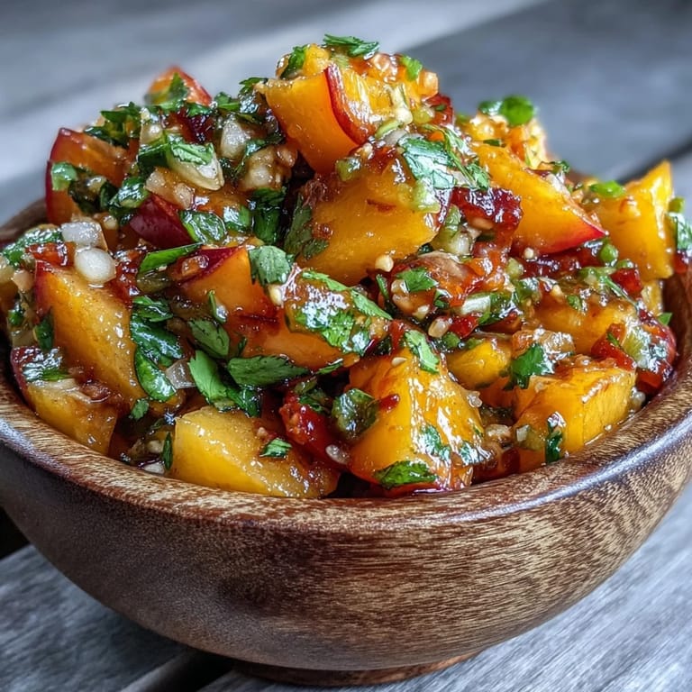 Beschwingte Pfirsich-Jalapeño-Salsa, perfekt als erfrischendes Topping für gegrillte Meeresfrüchte.
