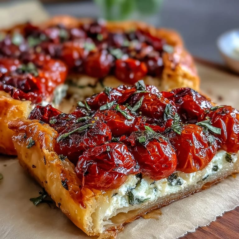Saftige Röstitomaten-Feta-Galette, goldbraun gebacken, ideal als leichtes Hauptgericht.