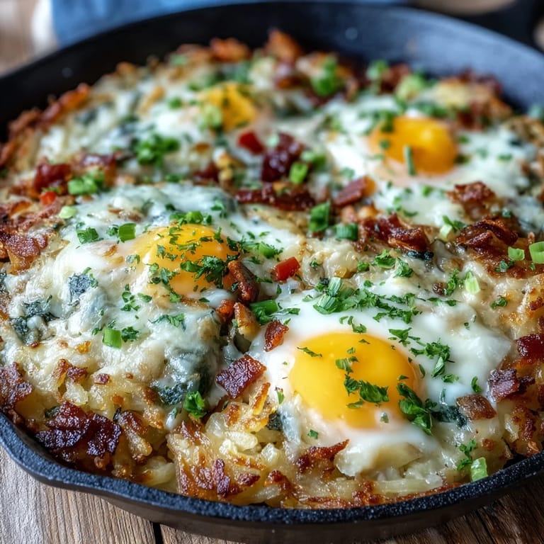 Herzhafte, käsige Hash-Brown-Auflaufform mit Speck und pochierten Eiern, perfekt serviert.