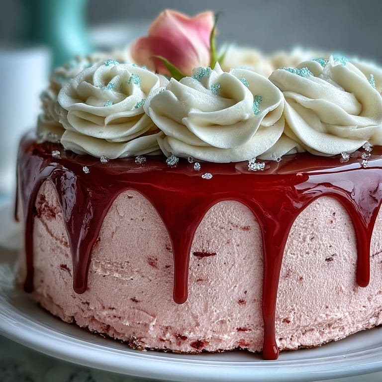 Festlich dekorierter Rosé-Samt-Kuchen, mit köstlichem Frischkäse und fließendem Gold-Drip.