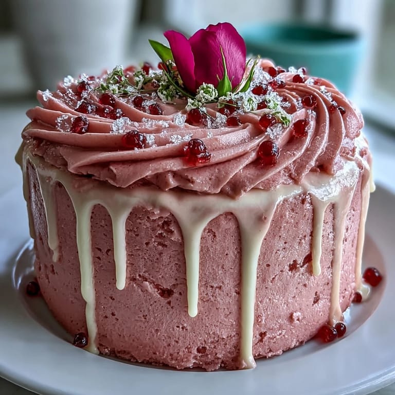 Elegante rosa Rosé-Samttorte, aufwendig verziert mit cremigem Topping und funkelndem Gold.