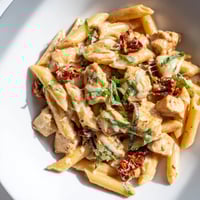 Cremige Sonnengetrocknete Tomaten Hähnchen Pasta mit goldbraunen Hähnchenstreifen in einer reichhaltigen Sahnesauce auf einem Teller.
