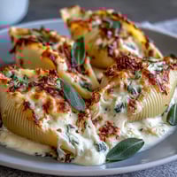 Pumpkin & Gouda Stuffed Shells with Brown Butter & Sage Alfredo Sauce sit in a ceramic dish, bathed in a creamy, golden brown butter sauce and topped with crisped sage leaves and melted cheese.