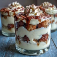 Zitronige Limoncello-Tiramisu-Dessertgläser mit cremiger Mascarpone-Schicht und weißer Schokoladengarnitur.  