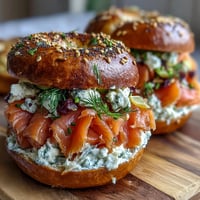 Vibrant Spring Brunch mit geräuchertem Lachs und Bagels, garniert mit frischem Gemüse und cremigem Frischkäse.