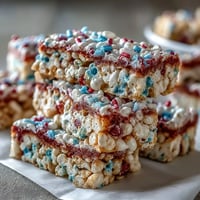 Bunte, festliche Rice Krispies-Leckereien in roten, weißen und blauen Schichten – perfekt für Ihre Unabhängigkeitstagsfeier.