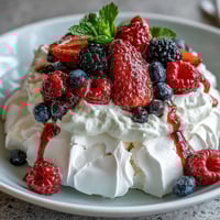 Luftige Pavlova mit frischen Beeren und Sahne, knusprig außen, marshmallowartig innen.