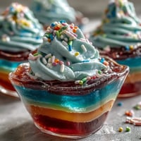Bunte Regenbogen-Jell-O-Tassen mit cremiger Schlagsahne und bunten Streuseln.