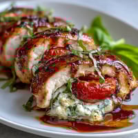 Caprese gefüllte Hähnchenbrust mit frischem Basilikum und Mozzarella