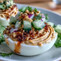 Cremige thailändische Erdnuss-Deviled Eggs mit knackiger Gurkenrelish.