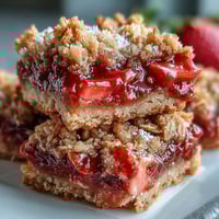 Saftige Strawberry Rhubarb Crumble Bars, goldbraun gebacken, bereit zum Servieren.