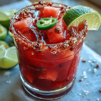 Erfrischender Cinco de Mayo Wassermelonen Jalapeño Margarita Mocktail mit salzigem Rand.