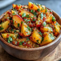 Fruchtige Pfirsich-Jalapeño-Salsa mit gegrilltem Fisch, eine visuell auffällige Mischung.