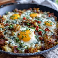 Beladene Hash-Brown-Auflaufform für das Vatertagsfrühstück mit goldbraunen Kartoffeln.