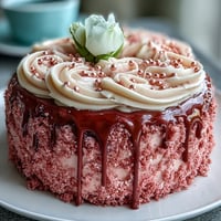Zartrosa Rosé samtiger Kuchen mit glänzendem Goldtropf-Finish auf dem Tisch.
